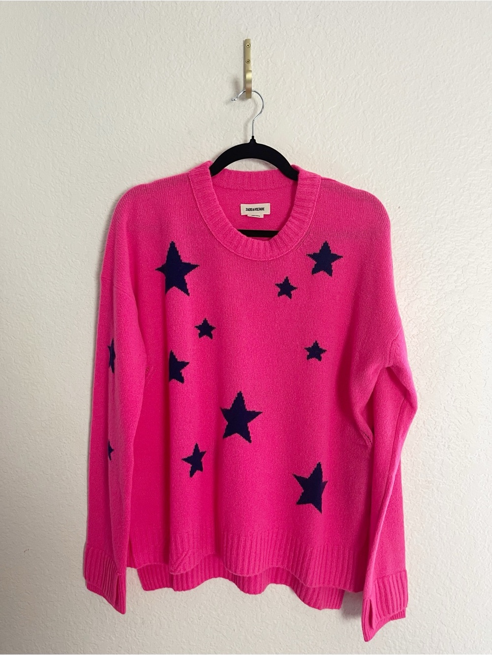 Zadig & Voltaire Gaby Star Sweater in fluorescent pink with blue stars.